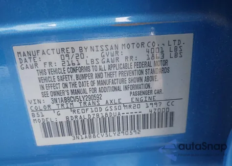 2020 Nissan Sentra Sv Xtronic Cvt z USA, uszkodzony, nr VIN 3N1AB8CV5LY290592